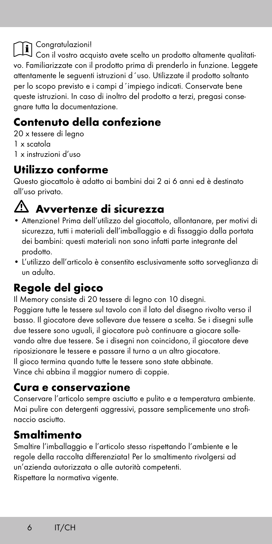 Contenuto della confezione, Utilizzo conforme, Avvertenze di sicurezza | Regole del gioco, Cura e conservazione, Smaltimento | Playtive MEMORY GAME User Manual | Page 6 / 12