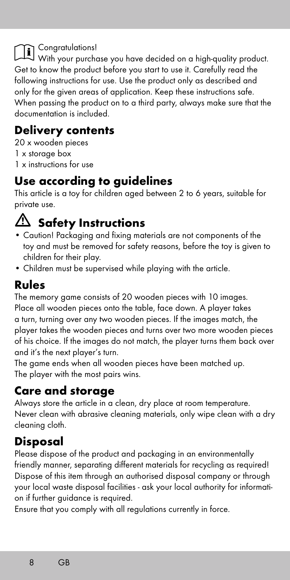 Delivery contents, Use according to guidelines, Safety instructions | Rules, Care and storage, Disposal | Playtive MEMORY GAME User Manual | Page 8 / 12