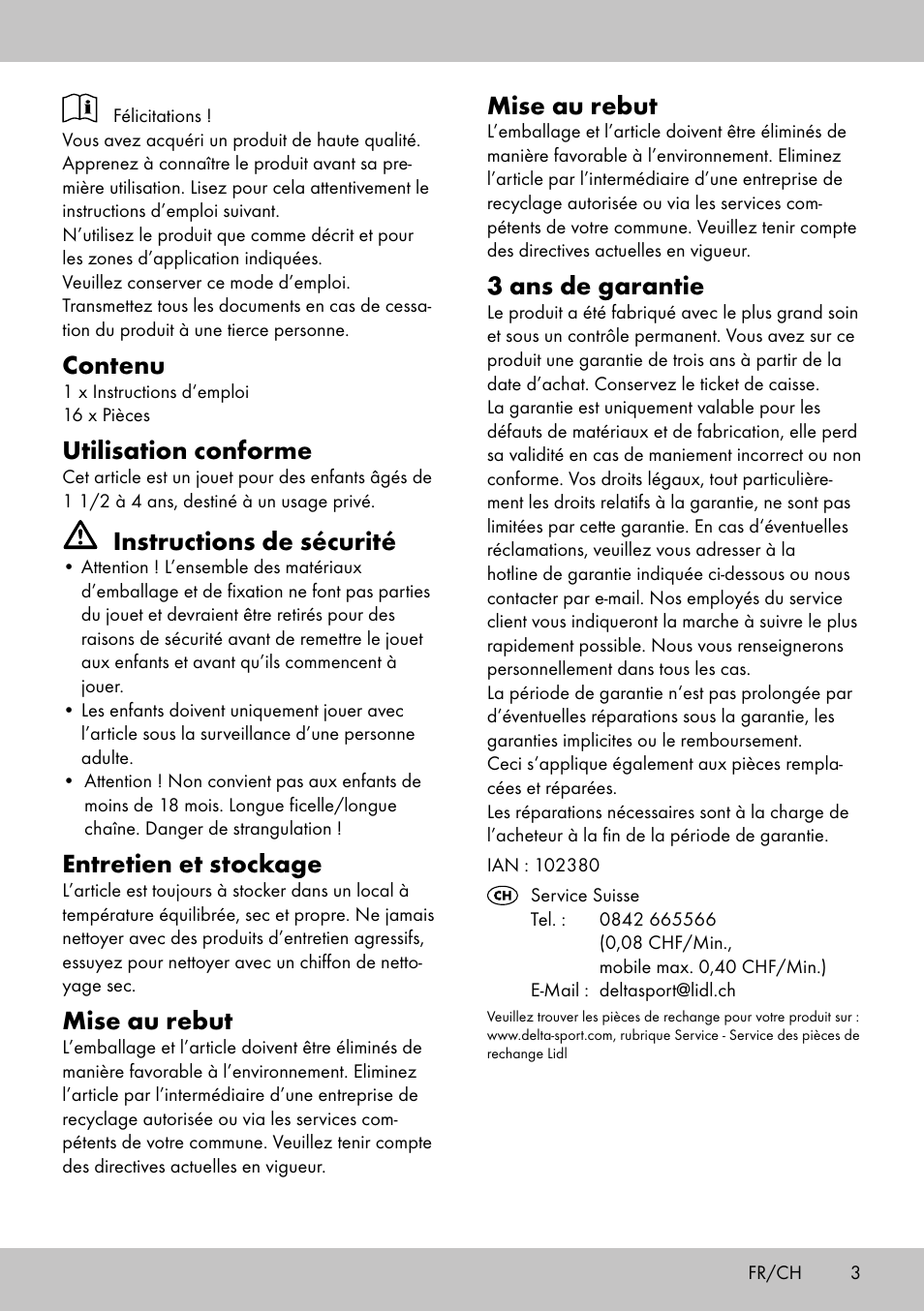 Contenu, Utilisation conforme, Instructions de sécurité | Entretien et stockage, Mise au rebut, 3 ans de garantie | Playtive THREADING TOY User Manual | Page 3 / 8