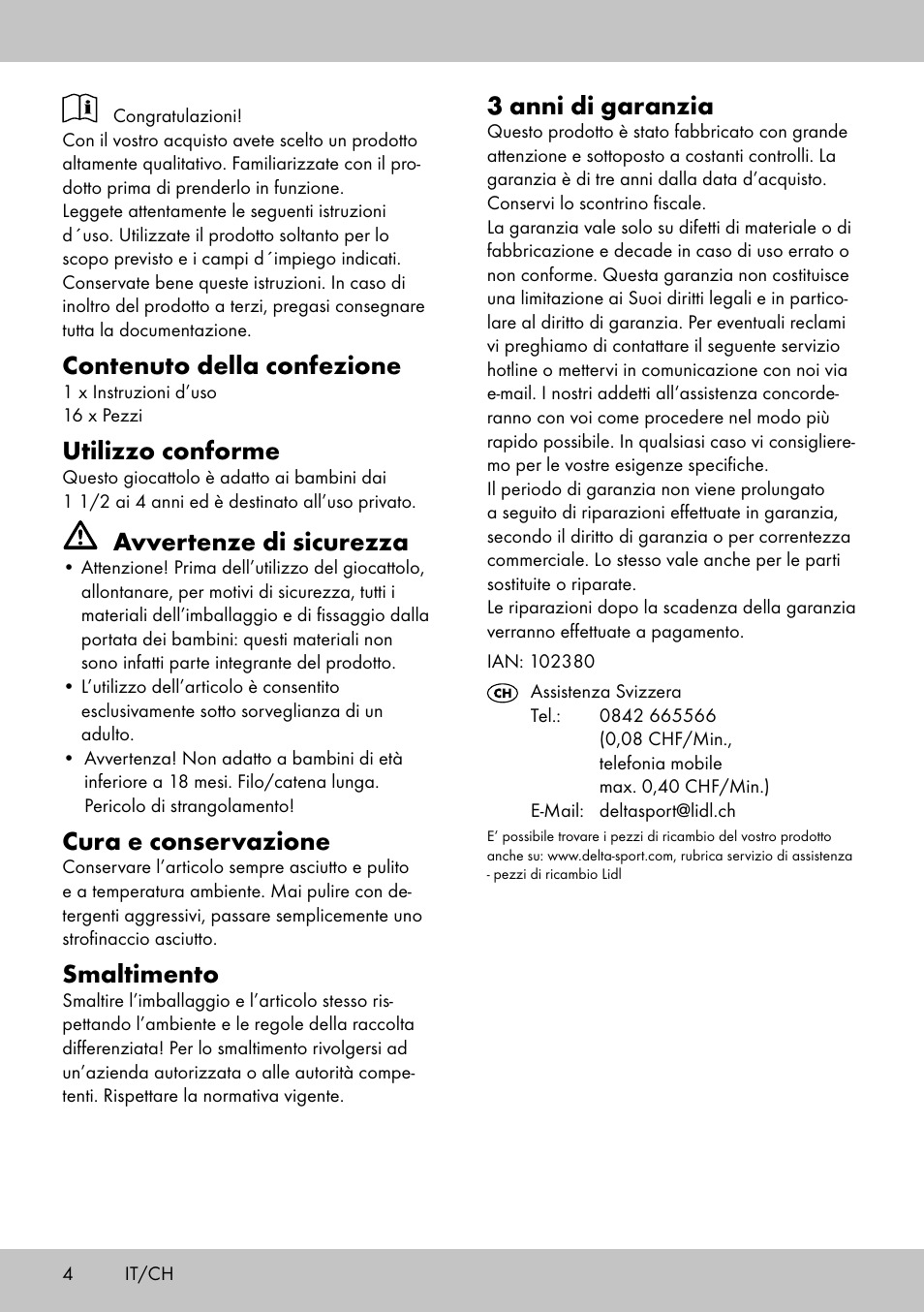 Contenuto della confezione, Utilizzo conforme, Avvertenze di sicurezza | Cura e conservazione, Smaltimento, 3 anni di garanzia | Playtive THREADING TOY User Manual | Page 4 / 8