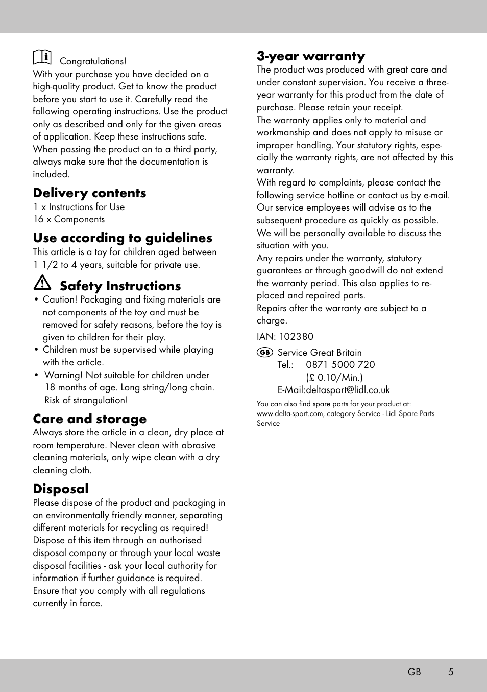 Delivery contents, Use according to guidelines, Safety instructions | Care and storage, Disposal, Year warranty | Playtive THREADING TOY User Manual | Page 5 / 8