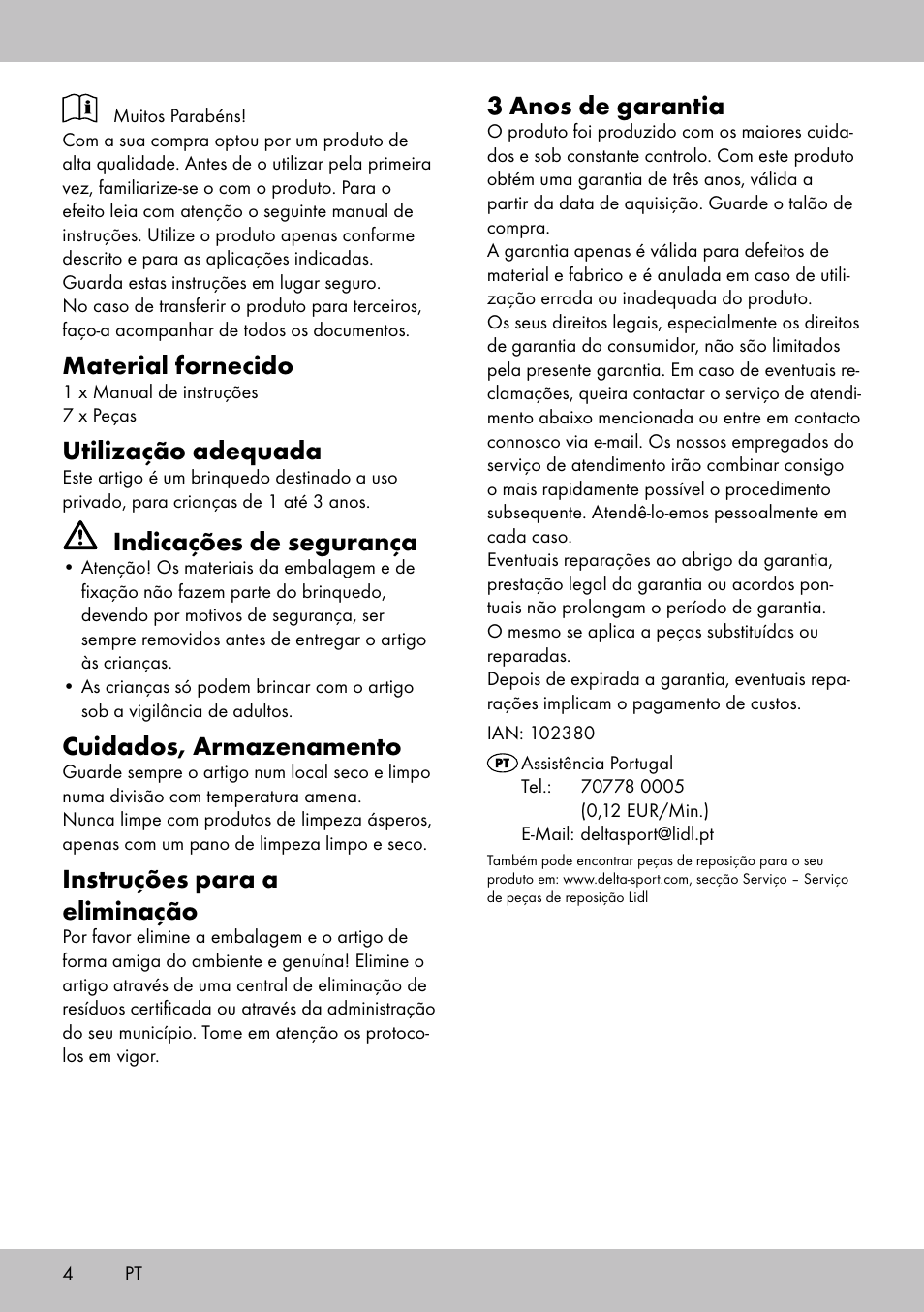 Material fornecido, Utilização adequada, Indicações de segurança | Cuidados, armazenamento, Instruções para a eliminação, 3 anos de garantia | Playtive ANIMAL PUZZLE User Manual | Page 4 / 8