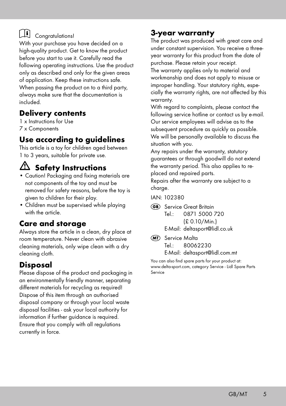 Delivery contents, Use according to guidelines, Safety instructions | Care and storage, Disposal, Year warranty | Playtive ANIMAL PUZZLE User Manual | Page 5 / 8