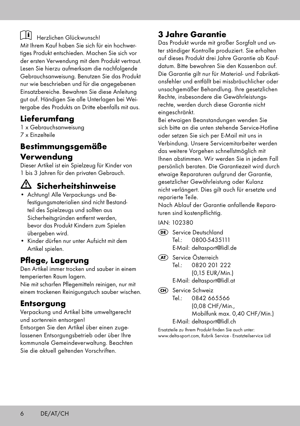 Lieferumfang, Bestimmungsgemäße verwendung, Sicherheitshinweise | Pflege, lagerung, Entsorgung, 3 jahre garantie | Playtive ANIMAL PUZZLE User Manual | Page 6 / 8