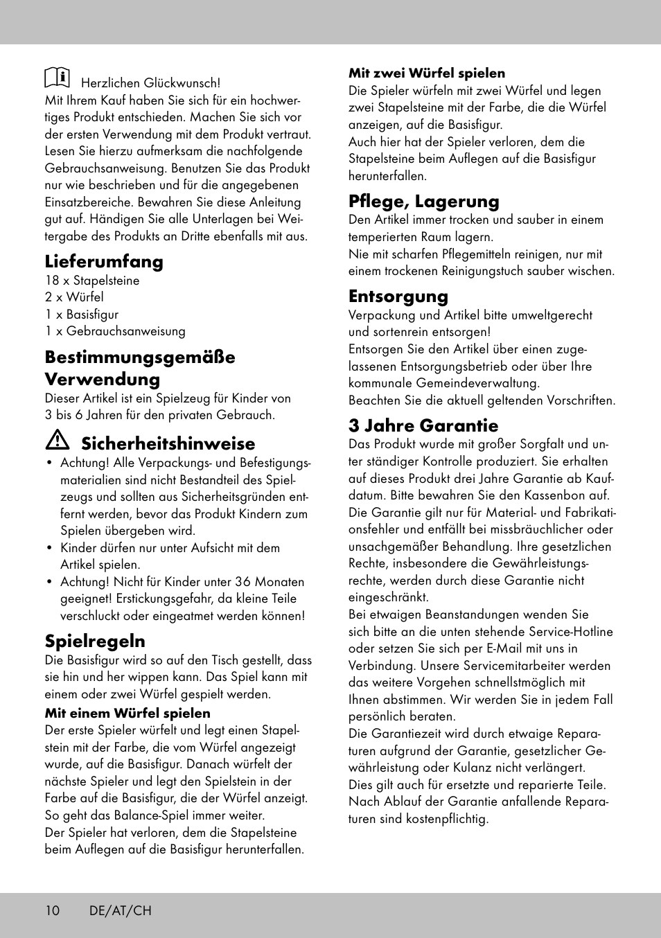 Lieferumfang, Bestimmungsgemäße verwendung, Sicherheitshinweise | Spielregeln, Pflege, lagerung, Entsorgung, 3 jahre garantie | Playtive BALANCE GAME User Manual | Page 10 / 12