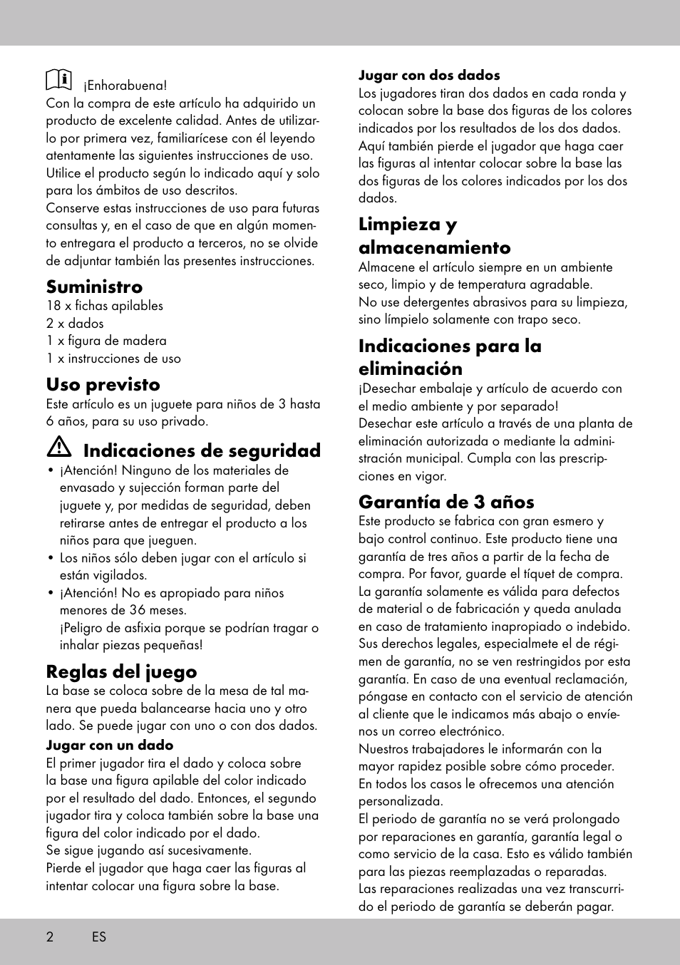 Suministro, Uso previsto, Indicaciones de seguridad | Reglas del juego, Limpieza y almacenamiento, Indicaciones para la eliminación, Garantía de 3 años | Playtive BALANCE GAME User Manual | Page 2 / 12