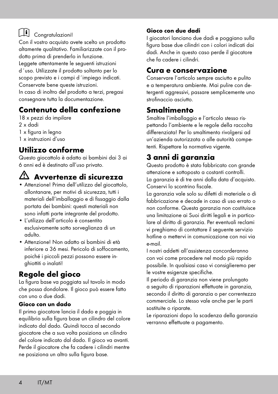 Contenuto della confezione, Utilizzo conforme, Avvertenze di sicurezza | Regole del gioco, Cura e conservazione, Smaltimento, 3 anni di garanzia | Playtive BALANCE GAME User Manual | Page 4 / 12