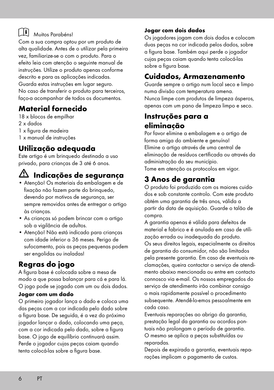 Material fornecido, Utilização adequada, Indicações de segurança | Regras do jogo, Cuidados, armazenamento, Instruções para a eliminação, 3 anos de garantia | Playtive BALANCE GAME User Manual | Page 6 / 12