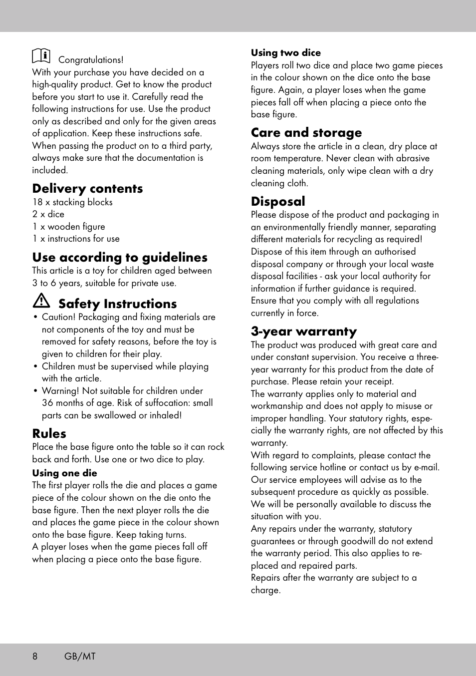 Delivery contents, Use according to guidelines, Safety instructions | Rules, Care and storage, Disposal, Year warranty | Playtive BALANCE GAME User Manual | Page 8 / 12