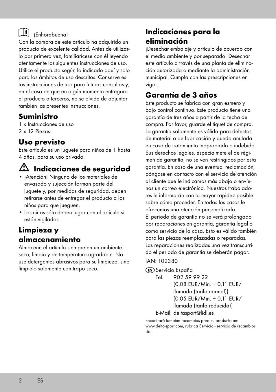 Suministro, Uso previsto, Indicaciones de seguridad | Limpieza y almacenamiento, Indicaciones para la eliminación, Garantía de 3 años | Playtive KIDS‘ PUZZLES User Manual | Page 2 / 8