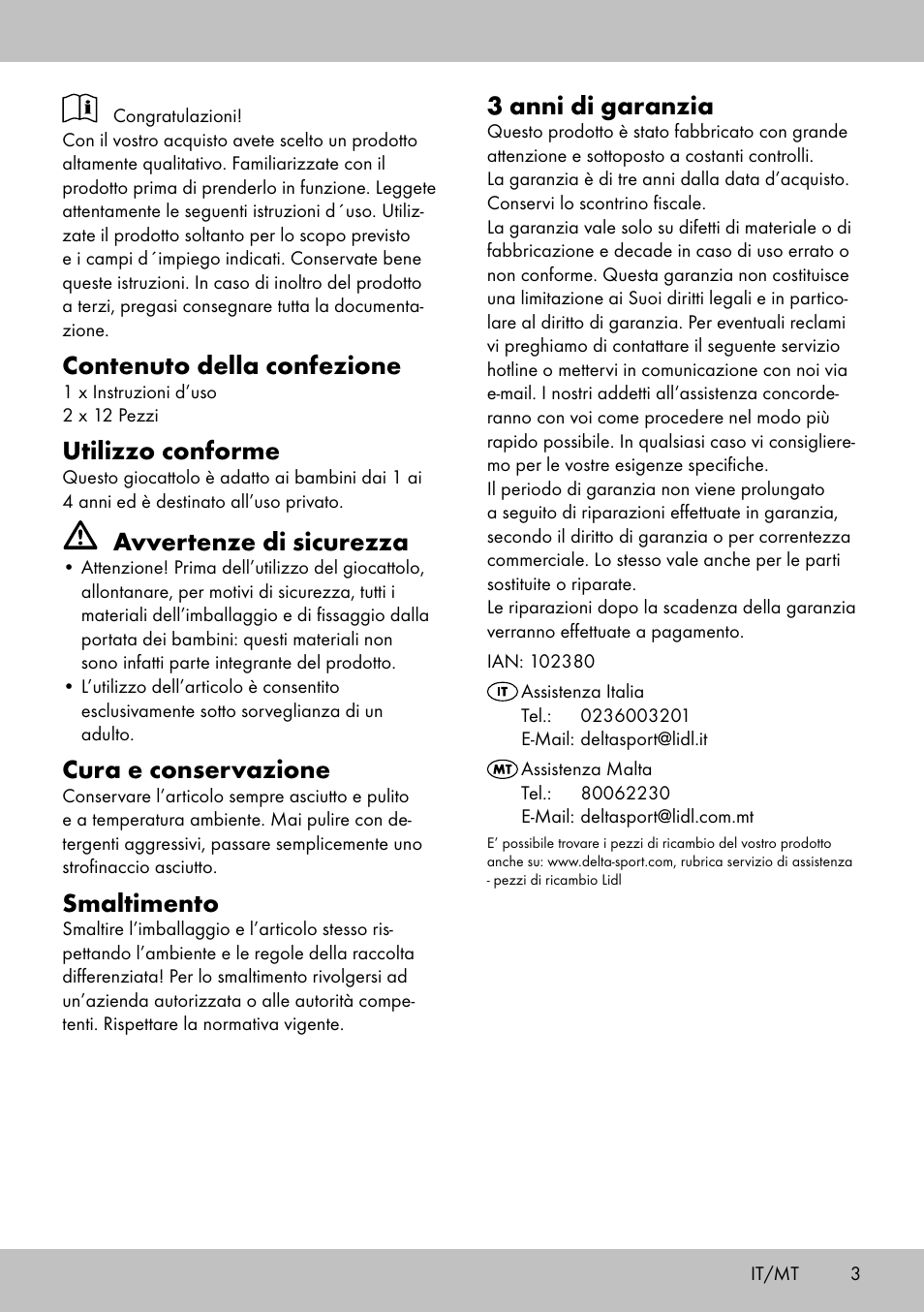 Contenuto della confezione, Utilizzo conforme, Avvertenze di sicurezza | Cura e conservazione, Smaltimento, 3 anni di garanzia | Playtive KIDS‘ PUZZLES User Manual | Page 3 / 8