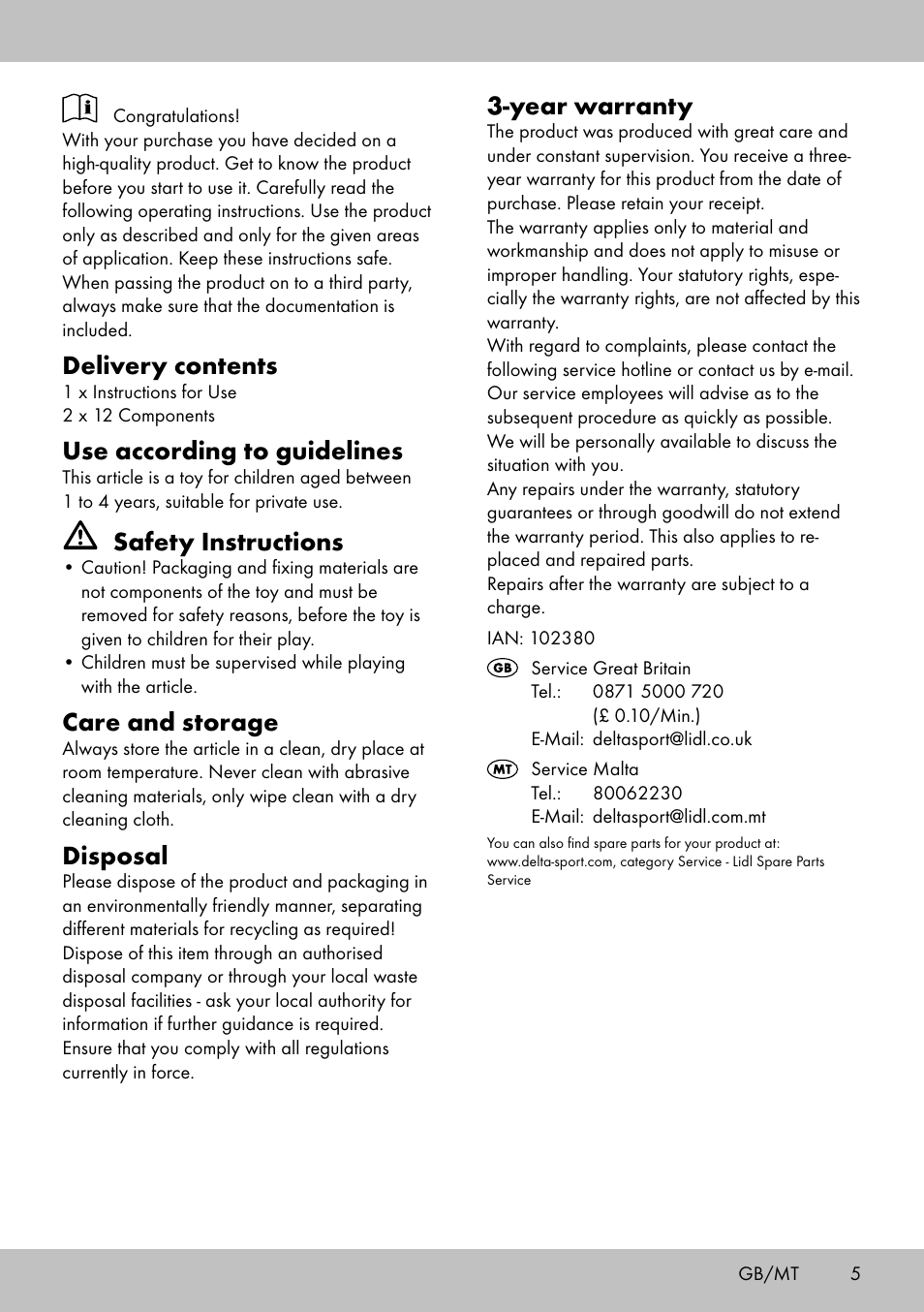 Delivery contents, Use according to guidelines, Safety instructions | Care and storage, Disposal, Year warranty | Playtive KIDS‘ PUZZLES User Manual | Page 5 / 8