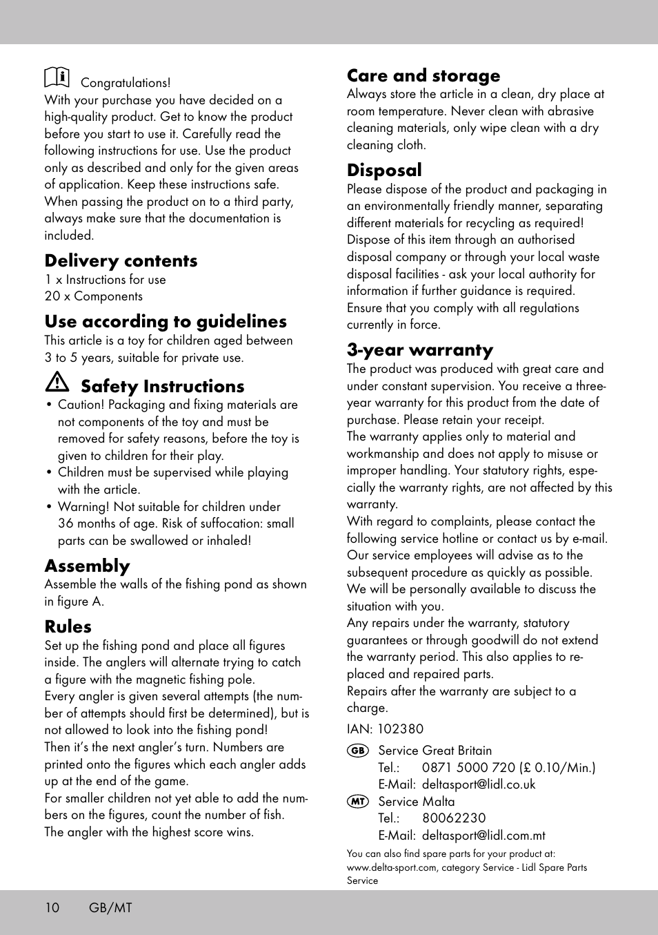 Delivery contents, Use according to guidelines, Safety instructions | Assembly, Rules, Care and storage, Disposal, Year warranty | Playtive FISHING GAME User Manual | Page 10 / 16