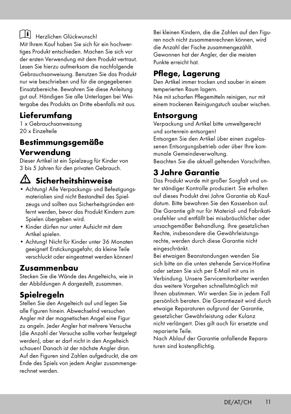 Lieferumfang, Bestimmungsgemäße verwendung, Sicherheitshinweise | Zusammenbau, Spielregeln, Pflege, lagerung, Entsorgung, 3 jahre garantie | Playtive FISHING GAME User Manual | Page 11 / 16