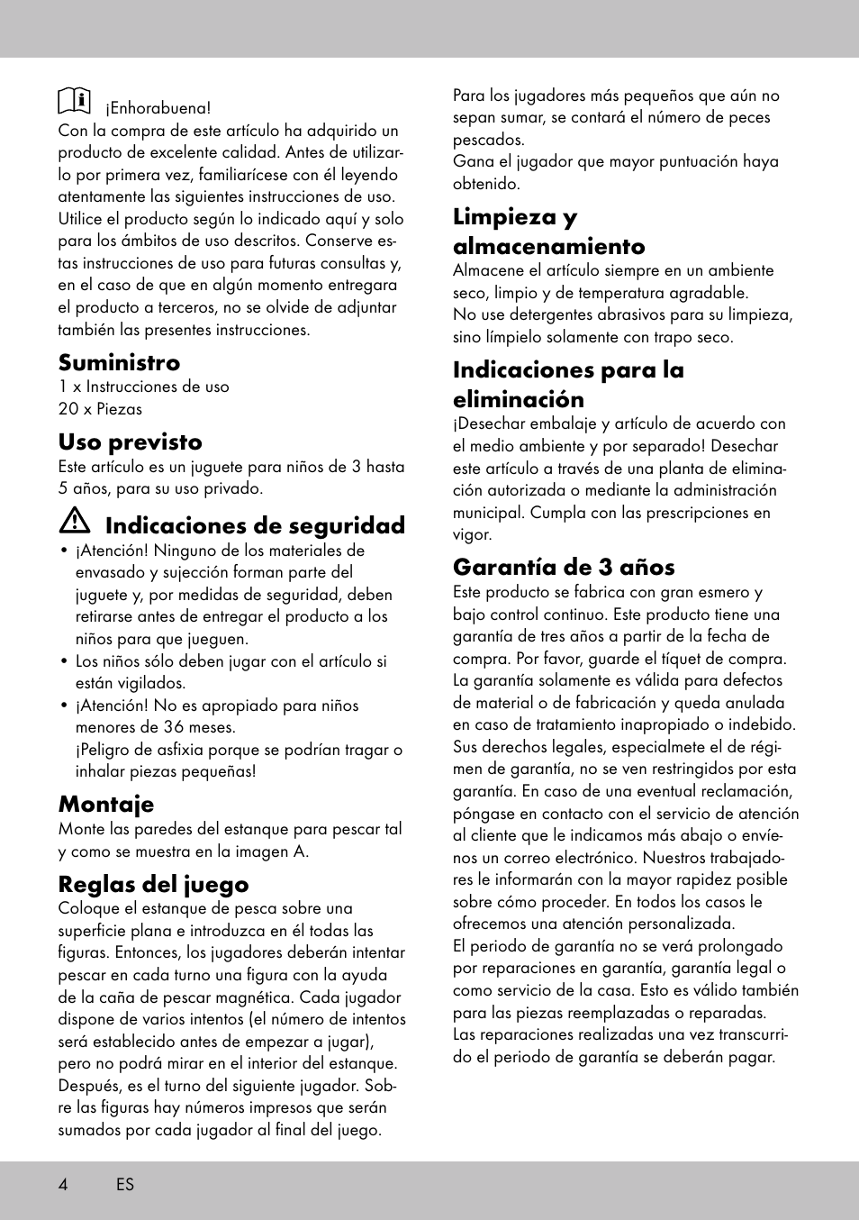 Suministro, Uso previsto, Indicaciones de seguridad | Montaje, Reglas del juego, Limpieza y almacenamiento, Indicaciones para la eliminación, Garantía de 3 años | Playtive FISHING GAME User Manual | Page 4 / 16