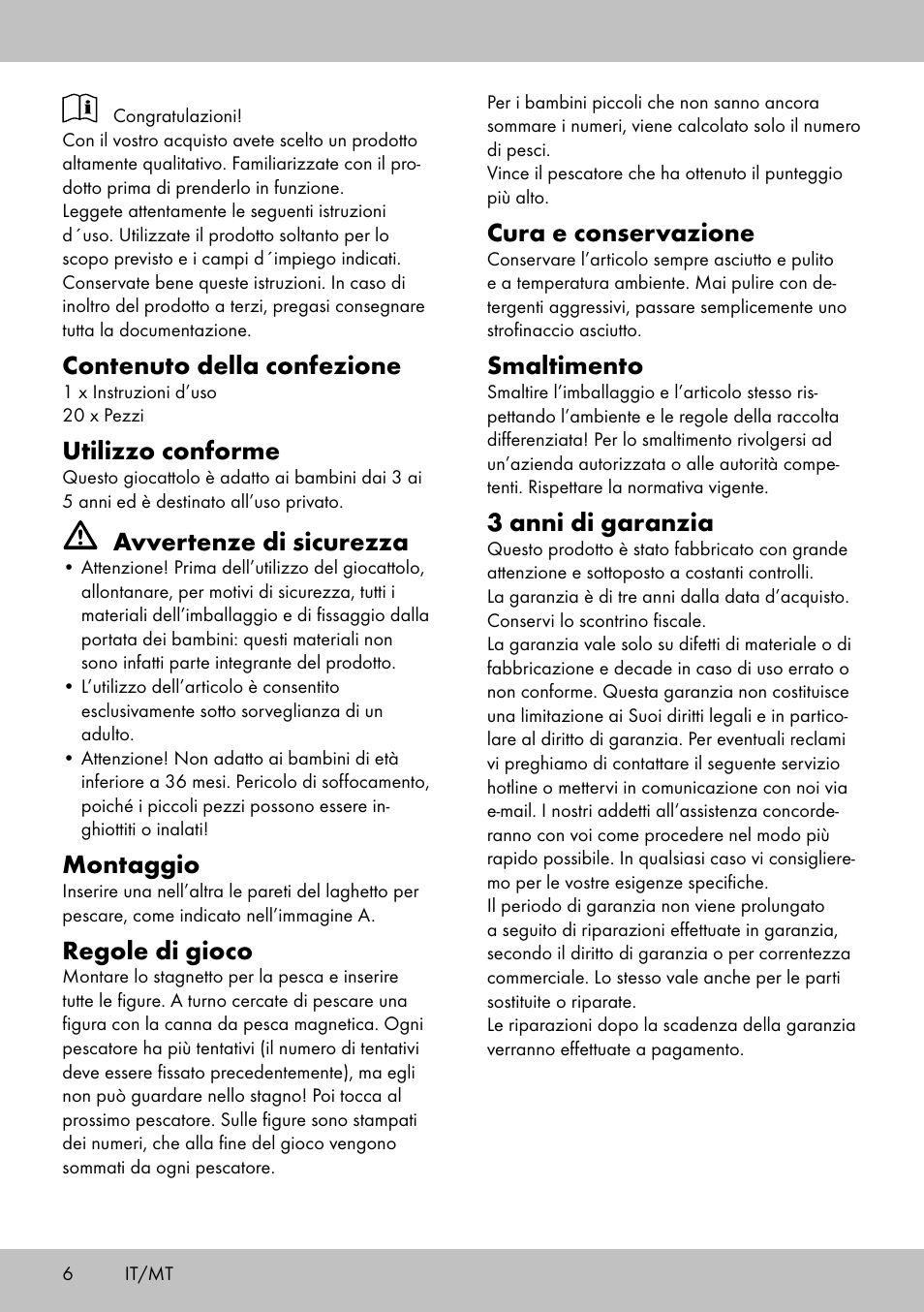 Contenuto della confezione, Utilizzo conforme, Avvertenze di sicurezza | Montaggio, Regole di gioco, Cura e conservazione, Smaltimento, 3 anni di garanzia | Playtive FISHING GAME User Manual | Page 6 / 16