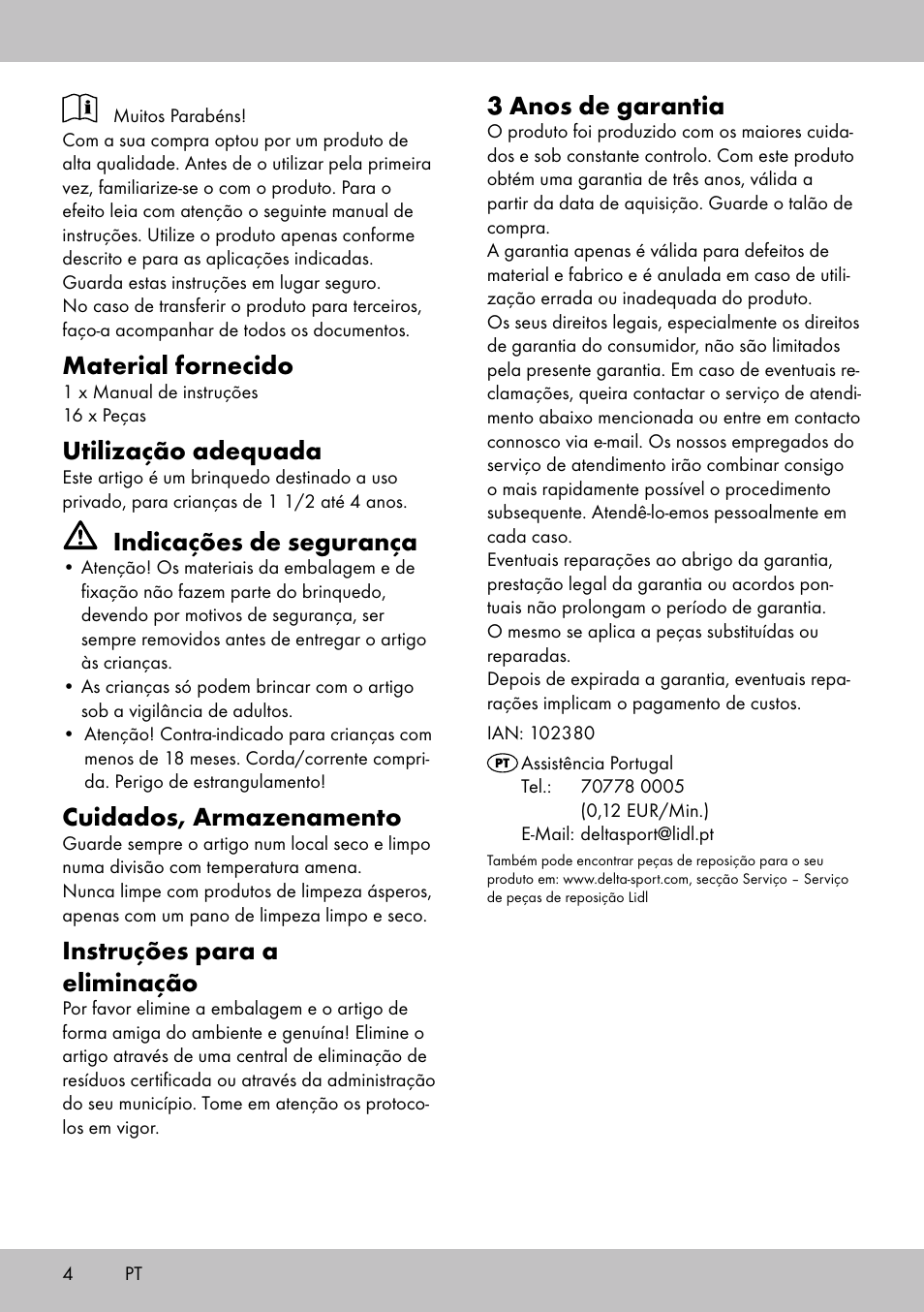 Material fornecido, Utilização adequada, Indicações de segurança | Cuidados, armazenamento, Instruções para a eliminação, 3 anos de garantia | Playtive THREADING TOY User Manual | Page 4 / 8