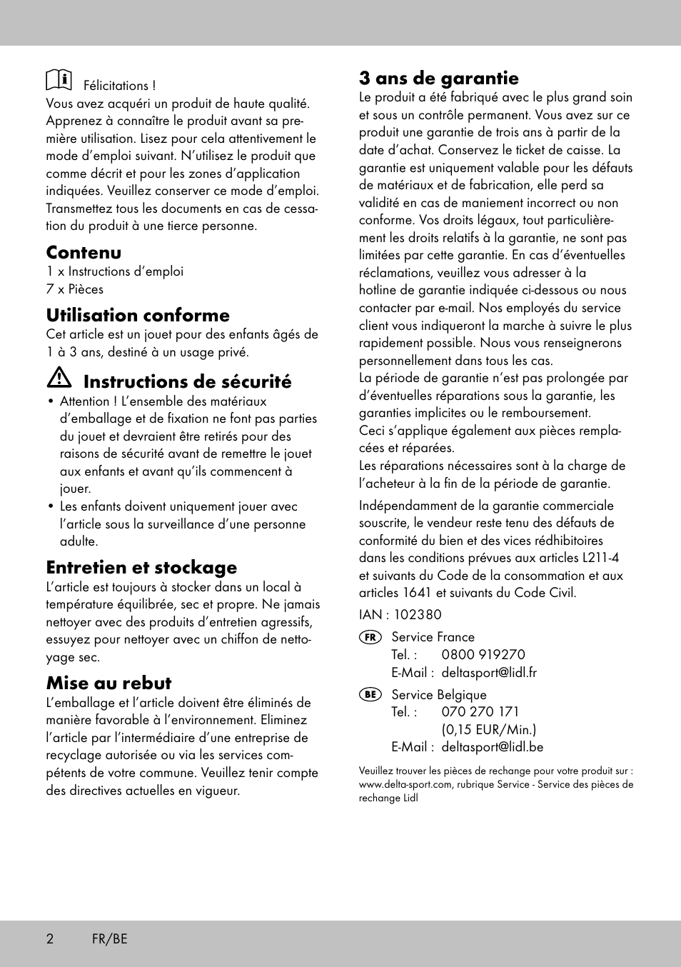 Contenu, Utilisation conforme, Instructions de sécurité | Entretien et stockage, Mise au rebut, 3 ans de garantie | Playtive ANIMAL PUZZLE User Manual | Page 2 / 8