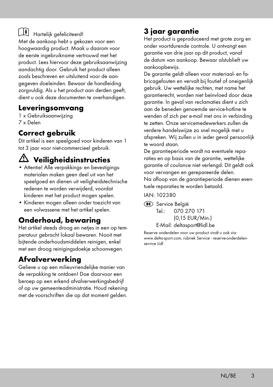 Leveringsomvang, Correct gebruik, Veiligheidsinstructies | Onderhoud, bewaring, Afvalverwerking, 3 jaar garantie | Playtive ANIMAL PUZZLE User Manual | Page 3 / 8