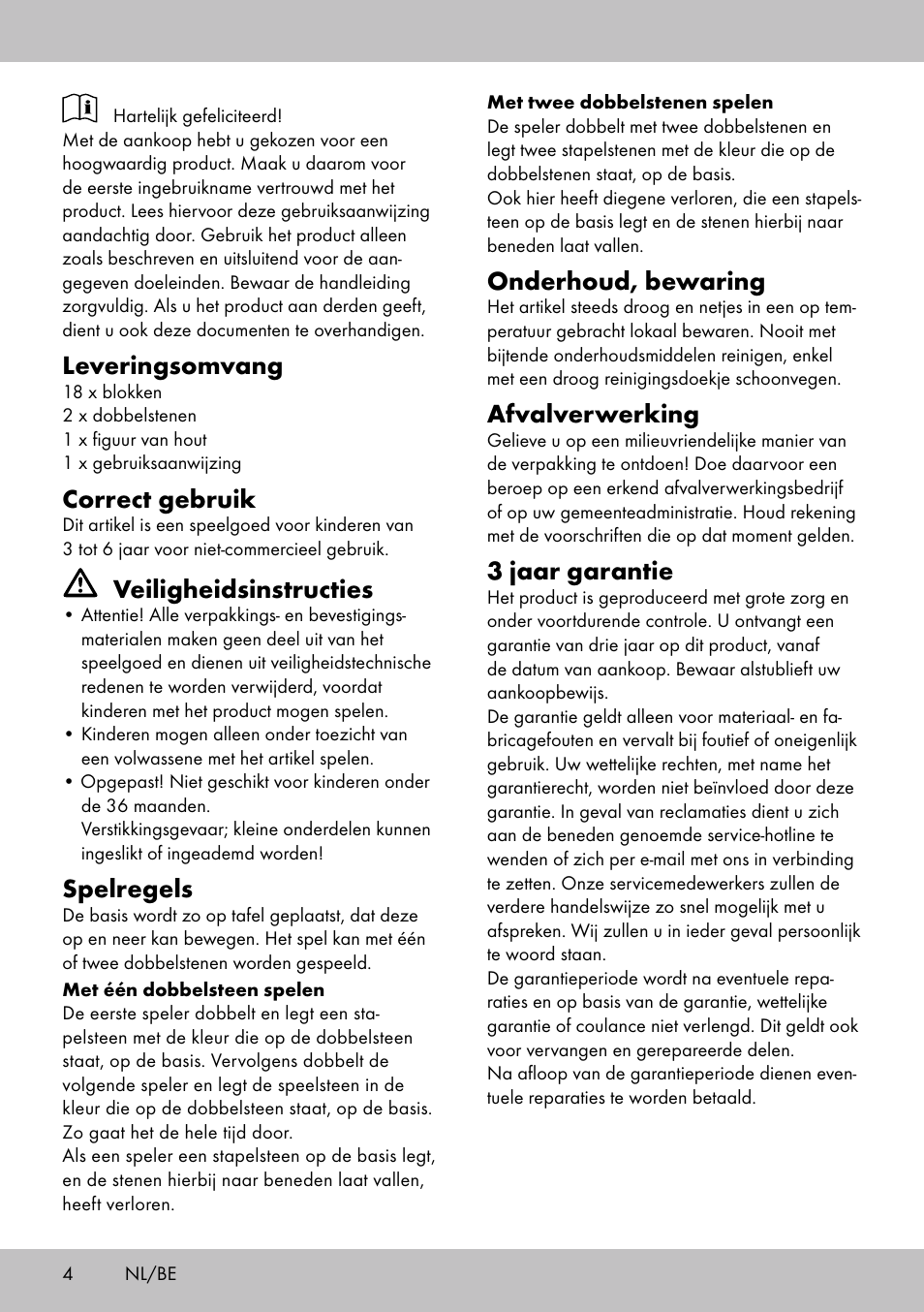 Leveringsomvang, Correct gebruik, Veiligheidsinstructies | Spelregels, Onderhoud, bewaring, Afvalverwerking, 3 jaar garantie | Playtive BALANCE GAME User Manual | Page 4 / 12