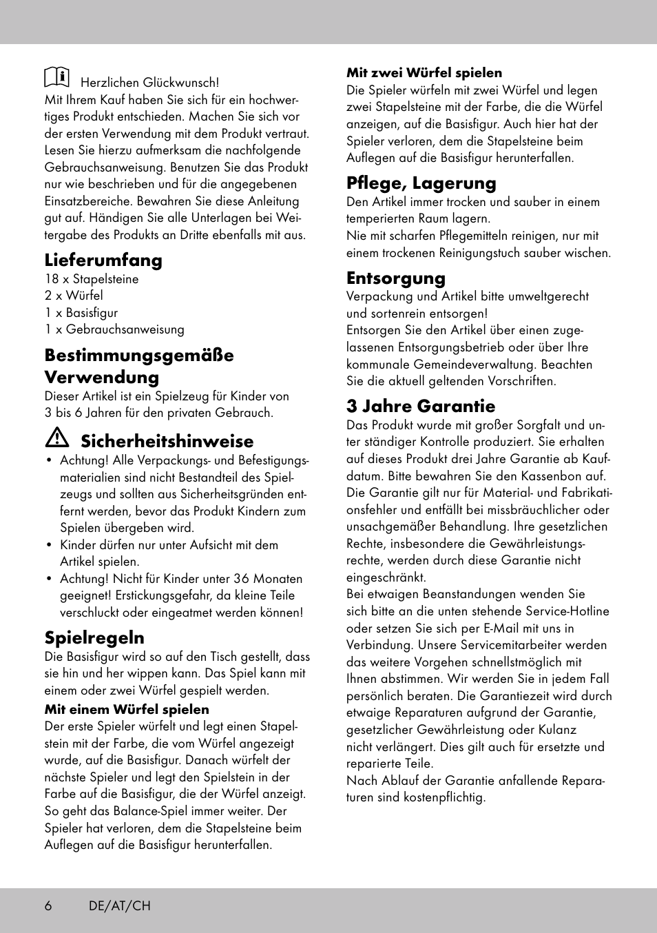 Lieferumfang, Bestimmungsgemäße verwendung, Sicherheitshinweise | Spielregeln, Pflege, lagerung, Entsorgung, 3 jahre garantie | Playtive BALANCE GAME User Manual | Page 6 / 12