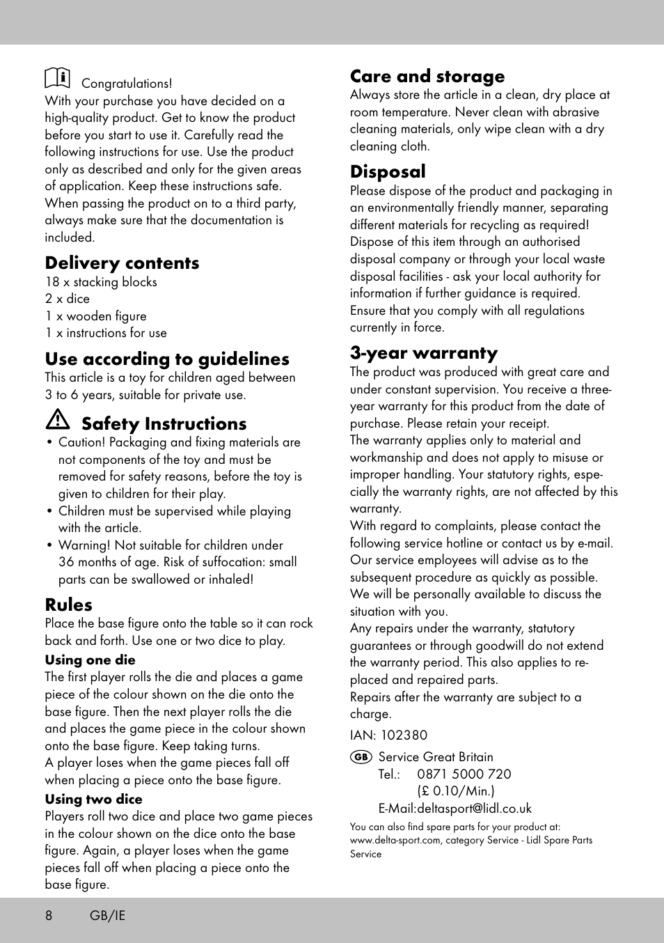 Delivery contents, Use according to guidelines, Safety instructions | Rules, Care and storage, Disposal, Year warranty | Playtive BALANCE GAME User Manual | Page 8 / 12