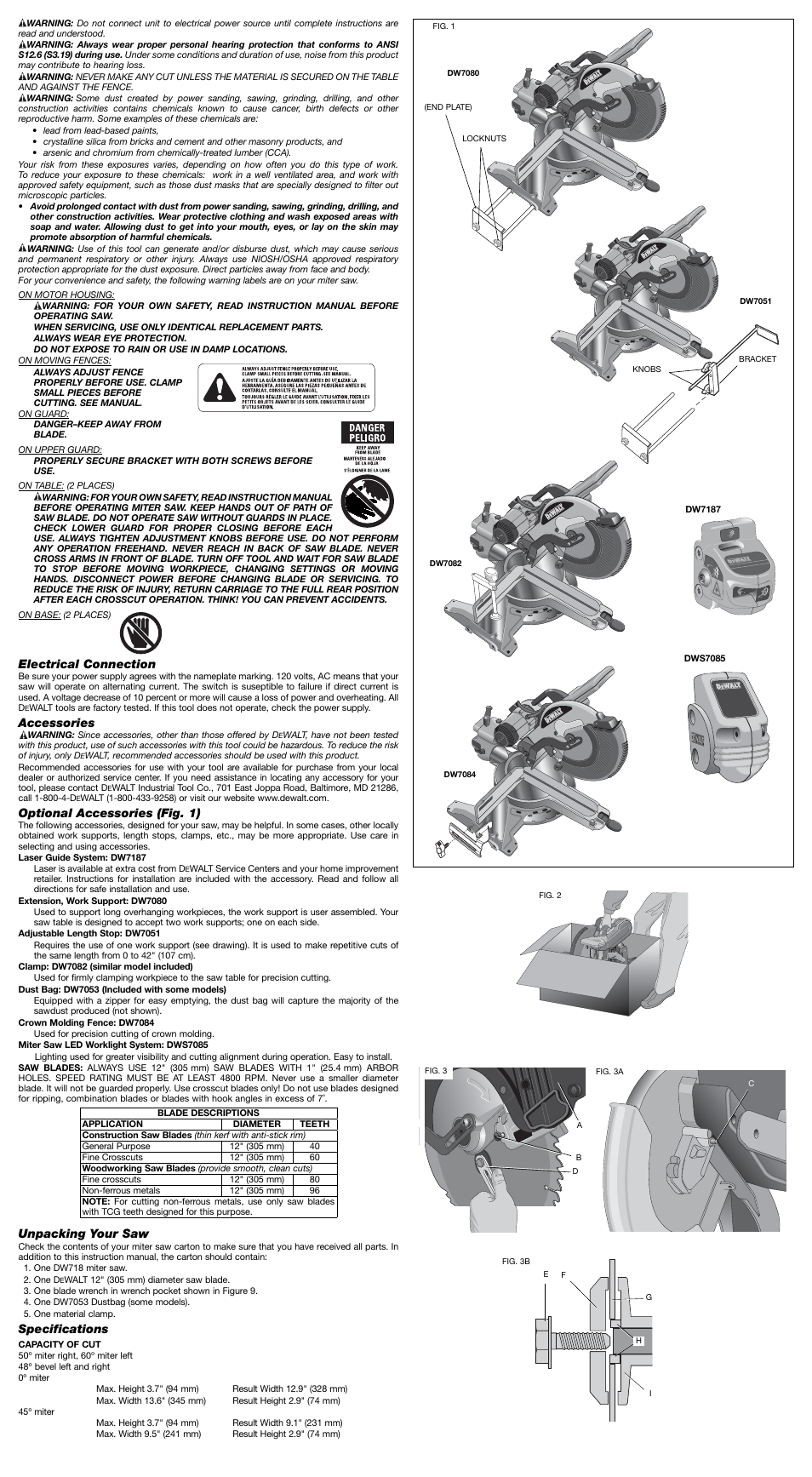 Electrical connection, Accessories, Optional accessories (fig. 1) | Unpacking your saw, Specifications | DeWalt Miter Saw DW 718 User Manual | Page 2 / 7