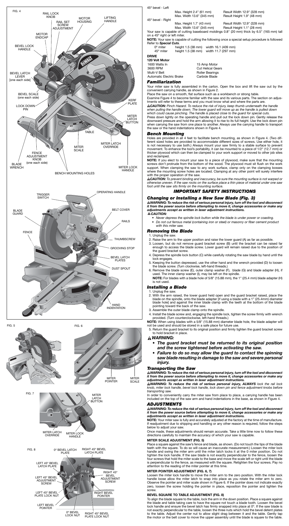 Familiarization, Bench mounting, Removing the blade | Installing a blade, Adjustments | DeWalt Miter Saw DW 718 User Manual | Page 3 / 7