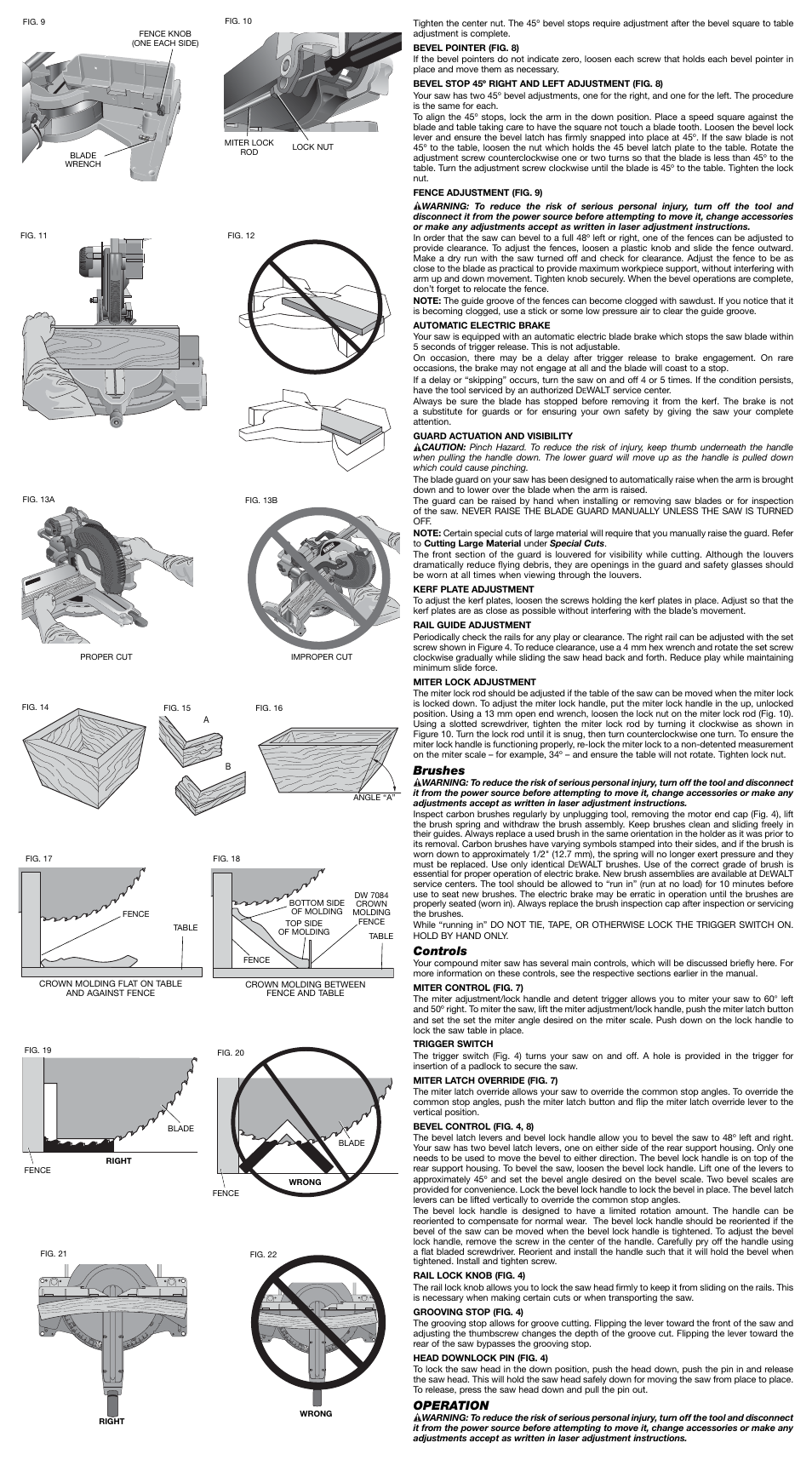 Brushes, Controls, Operation | DeWalt Miter Saw DW 718 User Manual | Page 4 / 7