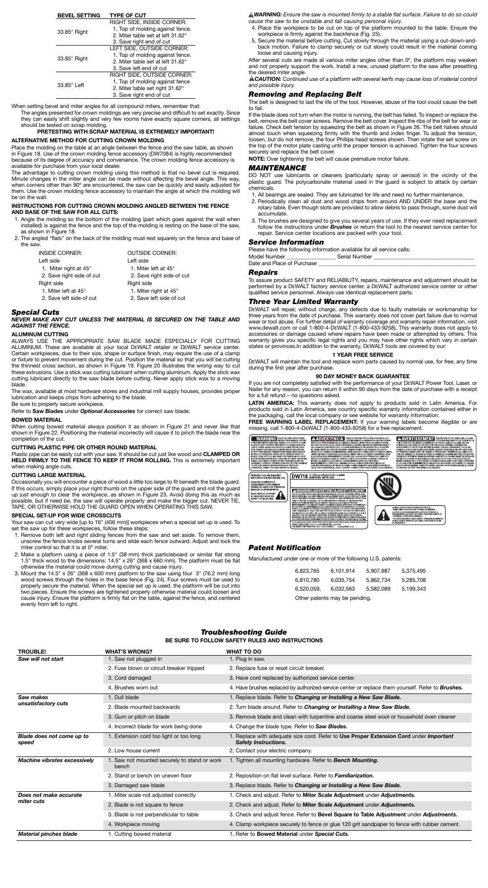 Special cuts, Removing and replacing belt, Maintenance | Service information, Repairs, Three year limited warranty, Patent notification, Troubleshooting guide | DeWalt Miter Saw DW 718 User Manual | Page 6 / 7