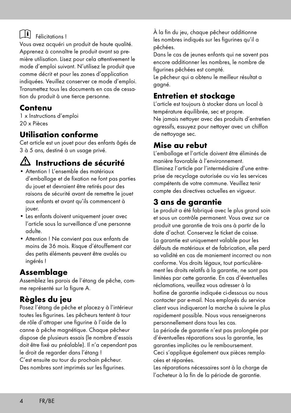 Contenu, Utilisation conforme, Instructions de sécurité | Assemblage, Règles du jeu, Entretien et stockage, Mise au rebut, 3 ans de garantie | Playtive FISHING GAME User Manual | Page 4 / 12