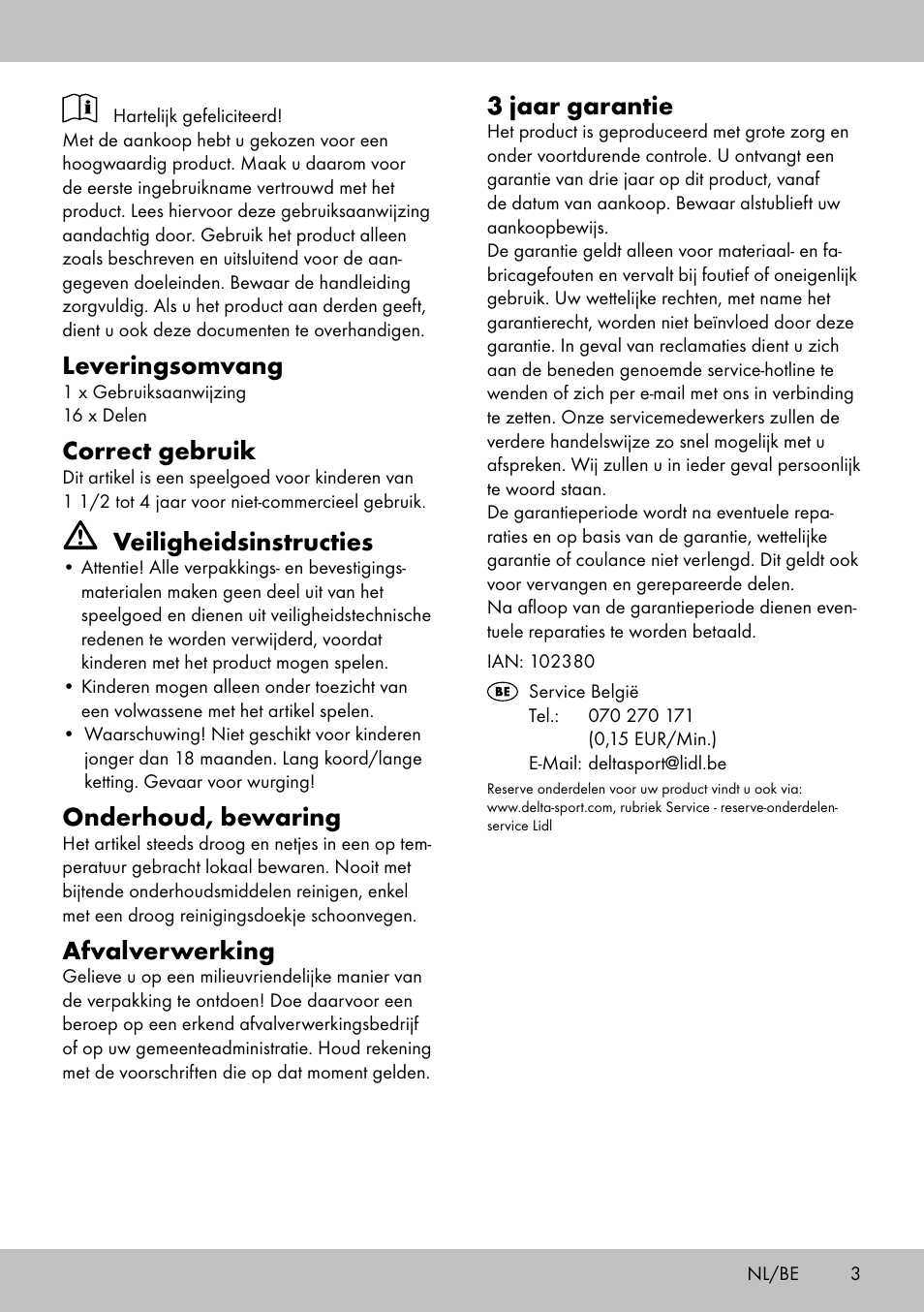 Leveringsomvang, Correct gebruik, Veiligheidsinstructies | Onderhoud, bewaring, Afvalverwerking, 3 jaar garantie | Playtive THREADING TOY User Manual | Page 3 / 8