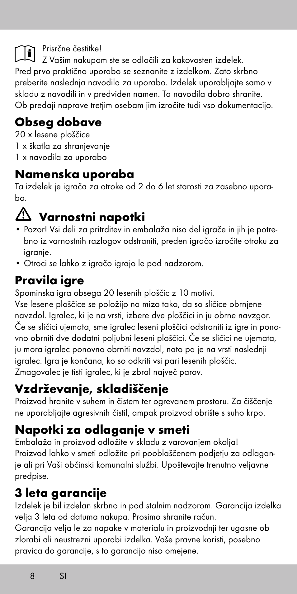 Obseg dobave, Namenska uporaba, Varnostni napotki | Pravila igre, Vzdrževanje, skladiščenje, Napotki za odlaganje v smeti, 3 leta garancije | Playtive MEMORY GAME User Manual | Page 8 / 16