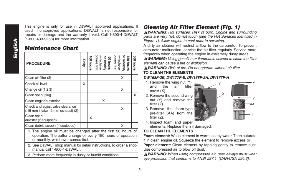 English, Maintenance chart, Cleaning air filter element (fig. 1) | DeWalt N005044 User Manual | Page 10 / 60