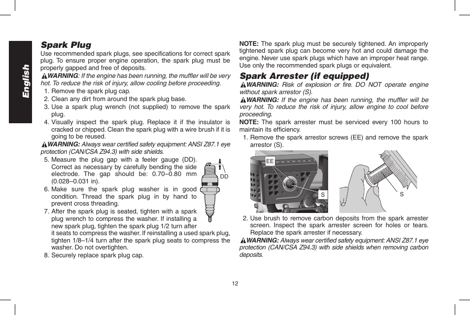 English spark plug, Spark arrester (if equipped) | DeWalt N005044 User Manual | Page 12 / 60