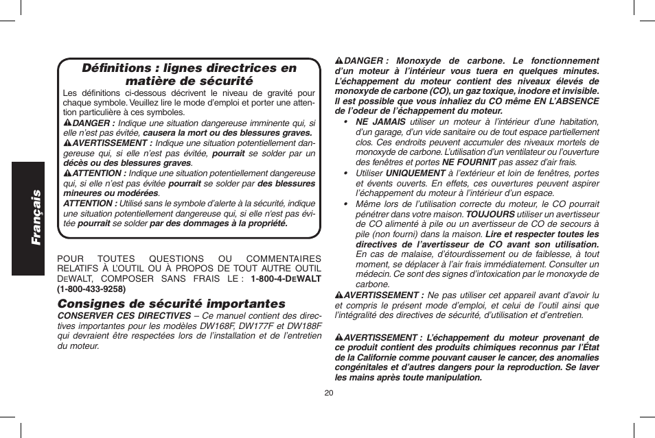 Français, Consignes de sécurité importantes | DeWalt N005044 User Manual | Page 20 / 60