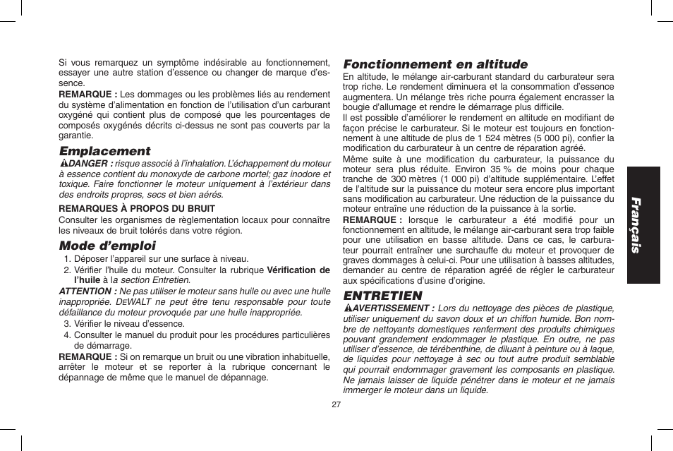 Français, Emplacement, Mode d’emploi | Fonctionnement en altitude, Entretien | DeWalt N005044 User Manual | Page 27 / 60