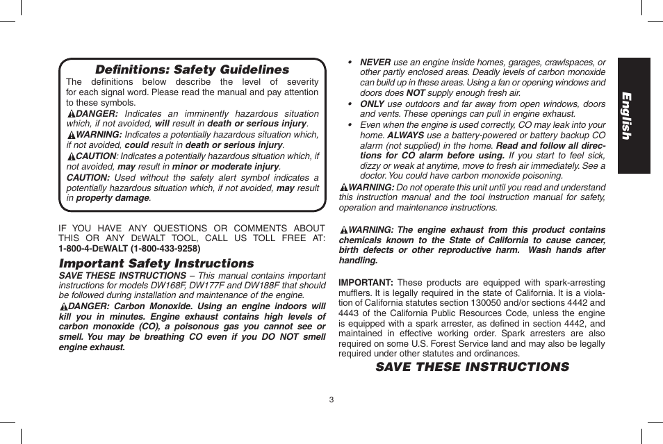 English definitions: safety guidelines, Important safety instructions, Save these instructions | DeWalt N005044 User Manual | Page 3 / 60