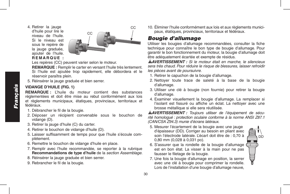 Français, Bougie d’allumage | DeWalt N005044 User Manual | Page 30 / 60