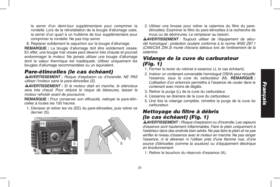Français, Pare-étincelles (le cas échéant), Vidange de la cuve du carburateur (fig. 1) | DeWalt N005044 User Manual | Page 31 / 60