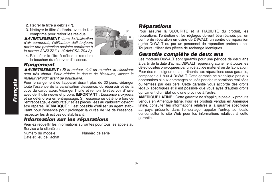 Français, Rangement, Information sur les réparations | Réparations, Garantie complète de deux ans | DeWalt N005044 User Manual | Page 32 / 60