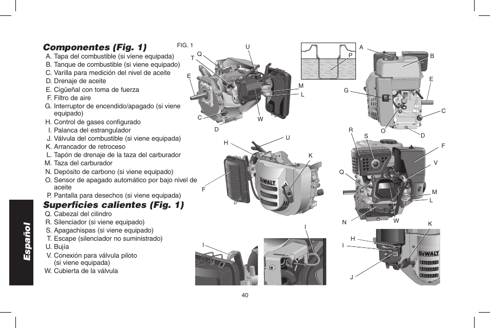 Español componentes (fig. 1), Superficies calientes (fig. 1) | DeWalt N005044 User Manual | Page 40 / 60