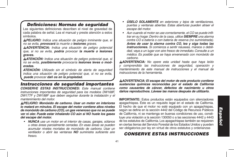 Español definiciones: normas de seguridad, Instrucciones de seguridad importantes, Conserve estas instrucciones | DeWalt N005044 User Manual | Page 41 / 60