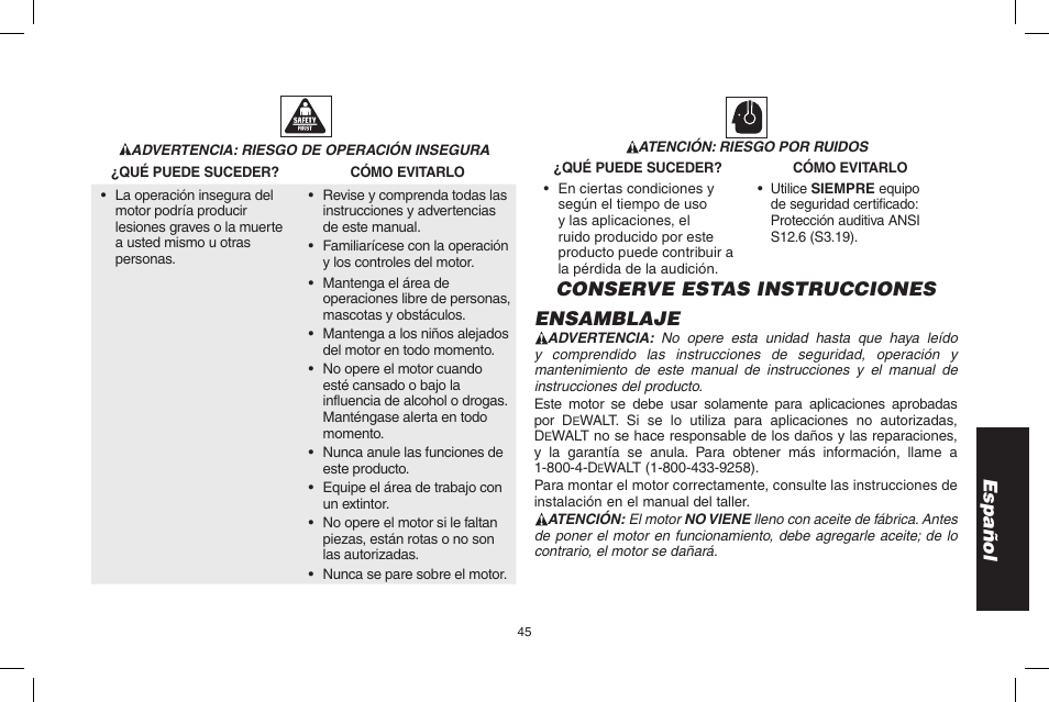 Español, Conserve estas instrucciones ensamblaje | DeWalt N005044 User Manual | Page 45 / 60