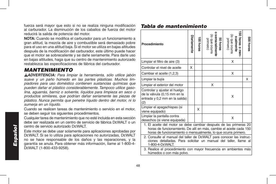 Español, Mantenimiento, Tabla de mantenimiento | DeWalt N005044 User Manual | Page 48 / 60