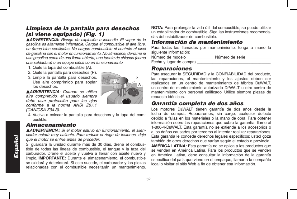 Almacenamiento, Información de mantenimiento, Reparaciones | Garantía completa de dos años | DeWalt N005044 User Manual | Page 52 / 60