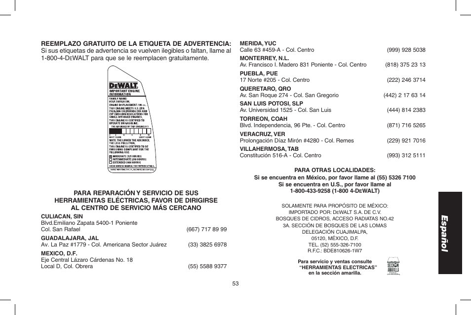 Español | DeWalt N005044 User Manual | Page 53 / 60