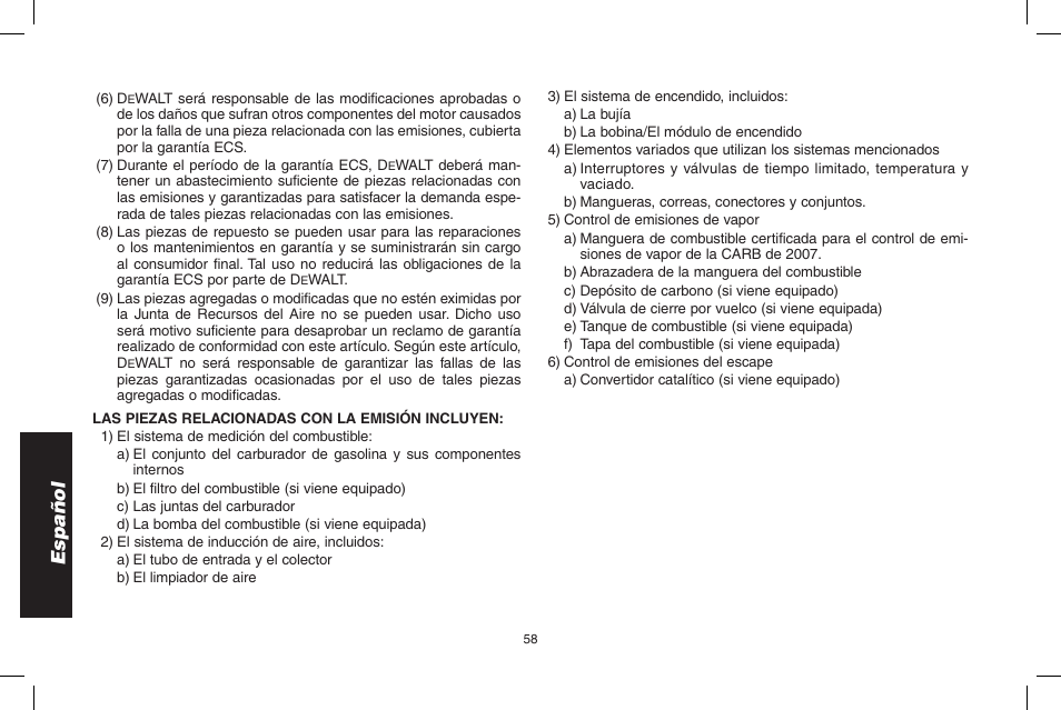 Español | DeWalt N005044 User Manual | Page 58 / 60