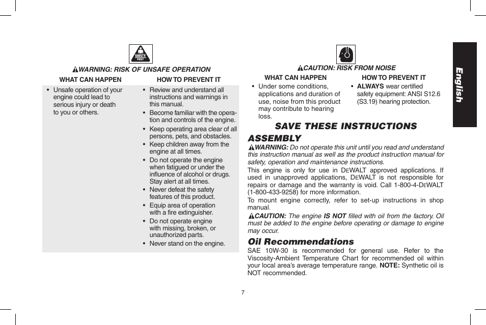 English, Save these instructions assembly, Oil recommendations | DeWalt N005044 User Manual | Page 7 / 60