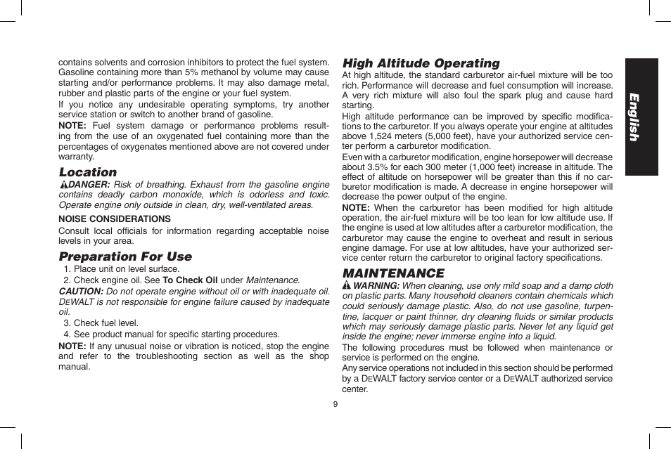 English, Location, Preparation for use | High altitude operating, Maintenance | DeWalt N005044 User Manual | Page 9 / 60